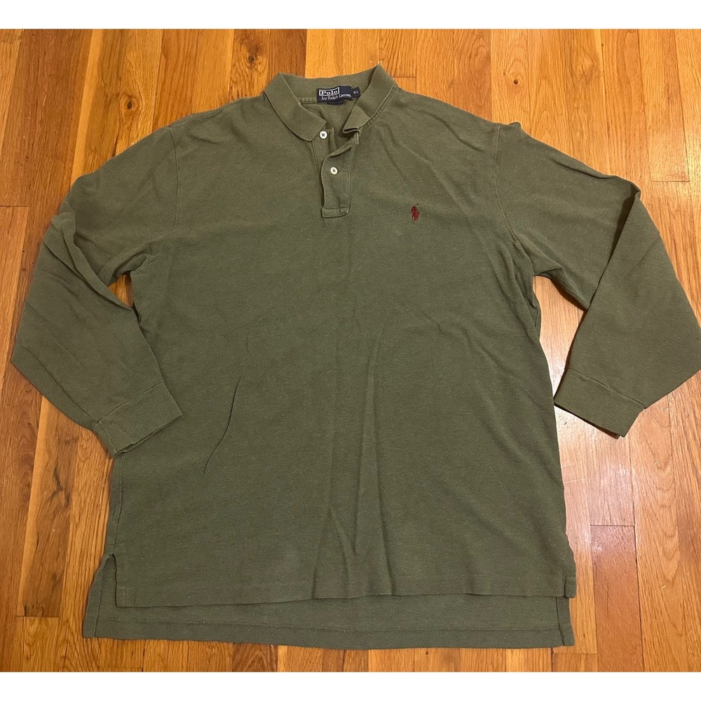 Polo Ralph Lauren Mens XL Long Sleeve Polo Shirt Olive Green Cotton Pique Pony
